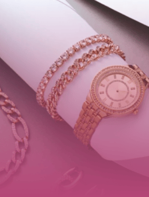 Display of gold bracelets and watches from tamigo customer Bijou Brigitte.