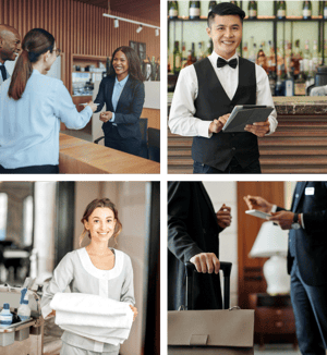 Collage van hotelpersoneel dat efficiënte hotel management software gebruikt. Receptionist, ober, huishoudster en manager die zorgen voor een soepele werking en uitzonderlijke gastervaringen.