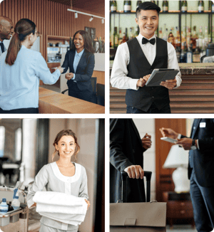 Collage du personnel d'accueil d'un hôtel utilisant un logiciel de gestion hôtelière efficace. Le réceptionniste, le serveur, la femme de chambre et le directeur veillent au bon déroulement des opérations et à l'expérience exceptionnelle des clients.