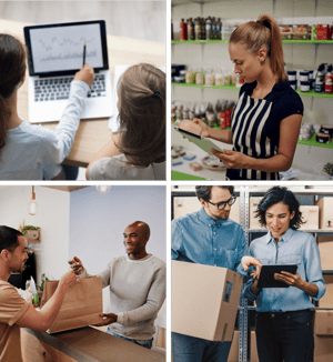 Collage of four images capturing retail employees during work. Top-left: Two store managers analyzing financials on a laptop. Top-right: Female sales assistant examining a cream in a drugstore. Content male sales assistant presenting a shopping bag to a delighted male customer. Bottom-right: Two retail workers in a warehouse, streamlining operations with retail scheduling software.