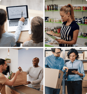 Collage de quatre images montrant des employés du commerce de détail au travail. En haut à gauche : Deux directeurs de magasin analysant des données financières sur un ordinateur portable. En haut à droite : Une vendeuse examine une crème dans une pharmacie. En bas à gauche : Un vendeur masculin présente un sac de courses à un client masculin ravi. En bas à droite : Deux vendeurs dans un entrepôt, en train de simplifier les opérations à l'aide d'une solution de planification et de GTA.