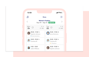 Screenshot van tamigo's gebruiksvriendelijke workforce management app voor medewerkers, met het rooster van de afdeling damesmode van een winkelketen.