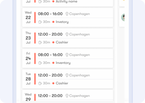 Screenshot van tamigo's gebruiksvriendelijke workforce management app voor medewerkers, met het rooster van de afdeling damesmode van een winkelketen.