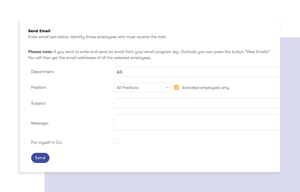 Screenshot: E-Mail-Versand Möglichkeiten in tamigo's Personaleinsatzplanung für Supermärkte.