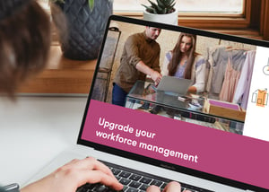 De header van de gratis gids 'Upgrade your workforce management' weergegeven op een laptop scherm.