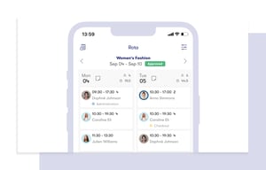 Screenshot of tamigo’s user-friendly workforce management app for employees, showcasing the schedule of a retailer's women’s fashion department.