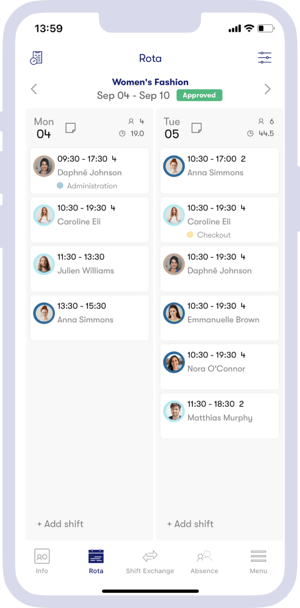 Screenshot der benutzerfreundlichen Workforce-Management-App von tamigo, die den Dienstplan der Damenmodeabteilung eines Einzelhändlers anzeigt.