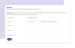 Screenshot of tamigo’s internal communication tools, showcasing the email function for seamless communication. Users can fill out the department, position, subject, and message, and even 'put myself in CC' using this staff messaging app.