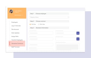 Screenshot of tamigo’s HR reporting function, showcasing the 'generate contracts' feature. Users can choose the employee, contract type, and fill in standard information to create contracts effortlessly.