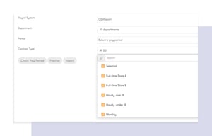 Screenshot of tamigo’s HR reporting feature 'payroll exports,' showcasing options to choose the payroll system, department, period, and contract type for efficient payroll processing.