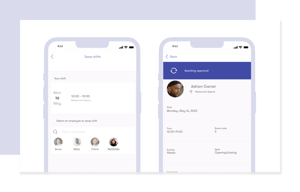 Screenshot of tamigo’s HR app, featuring the 'swap shifts' workforce management function for Monday, 16 July, on the left. On the right, the pending approval for the shift swap by the manager.