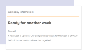 Screenshot of tamigo’s workforce management solution with KPI management capabilities, featuring a company message about the weekly revenue target of €50,000. A motivating call to action for all employees to achieve this goal together.