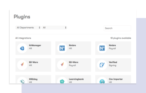 Screenshot verschiedener Plugins für die HR-Lohnabrechnungssoftware von tamigo, einschließlich HRManager und Nmbrs, die erweiterte Funktionalität und nahtlose Integration bieten.