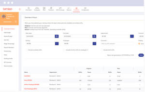 Screenshot of a comprehensive workforce management solution in action, showcasing payroll exports for a retailer. The overview includes start date, end date, and department details, as well as staff names, departments, planned shifts, original shifts, and worked hours.