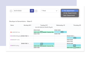Screenshots of employee scheduling software displaying the weekly schedule for the week of 30 January 2023. The selected option 'this department' allows for focused staff scheduling, making it efficient employee scheduling software.