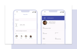 Screenshot of tamigo’s employee scheduling app, showcasing the 'swap shifts' workforce management function for Monday, 16 July, on the left. On the right, the pending approval for the shift swap by the manager.