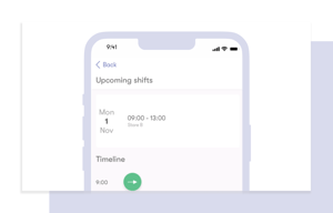 Screenshot der tamigo Stechuhrfunktion für Mitarbeiter, die über die tamigo App nahtlos in ihre Schichten einstempeln können.