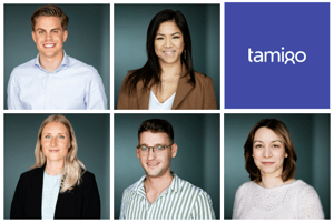 Vijf specialisten op het gebied van klantenondersteuning en implementatie en het tamigo logo.