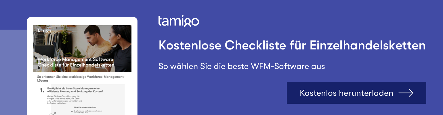 Kostenlose Checkliste für den Einzelhandel in einem Tablet. Daneben steht 'Kostenlose Checkliste für Einzelhandelsketten. So wählen Sie die beste WFM-Software aus.' Zudem steht auf einem CTA 'Kostenlos herunterladen'.